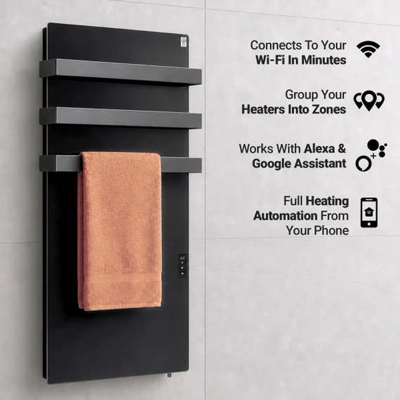 900W Quartz Glass Wi-Fi Towel Rail Infrared Heating Panel (Available in Black or White) - Electric Panel Heater