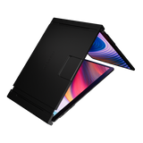 Monduo 16 Inch Pro Duo portable tri-screen monitor partially folded, revealing the dual 2K displays within and showcasing the matte black finish and slim profile for portability.