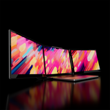 Monduo 14 Inch Pro Duo tri-screen monitor fully extended and attached to a laptop, displaying a vibrant abstract wallpaper with colorful geometric shapes in pink, orange, and blue across the dual edge-to-edge glass screens and laptop display on a reflective black surface.