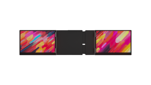 Monduo 14 Inch Pro Duo tri-screen monitor fully extended, displaying a vibrant wallpaper on its dual edge-to-edge glass screens to showcase the 2K resolution. Monduo 14 Inch Pro Duo tri-screen monitor fully extended, displaying a vibrant wallpaper on its dual edge-to-edge glass screens to showcase the 2K resolution.