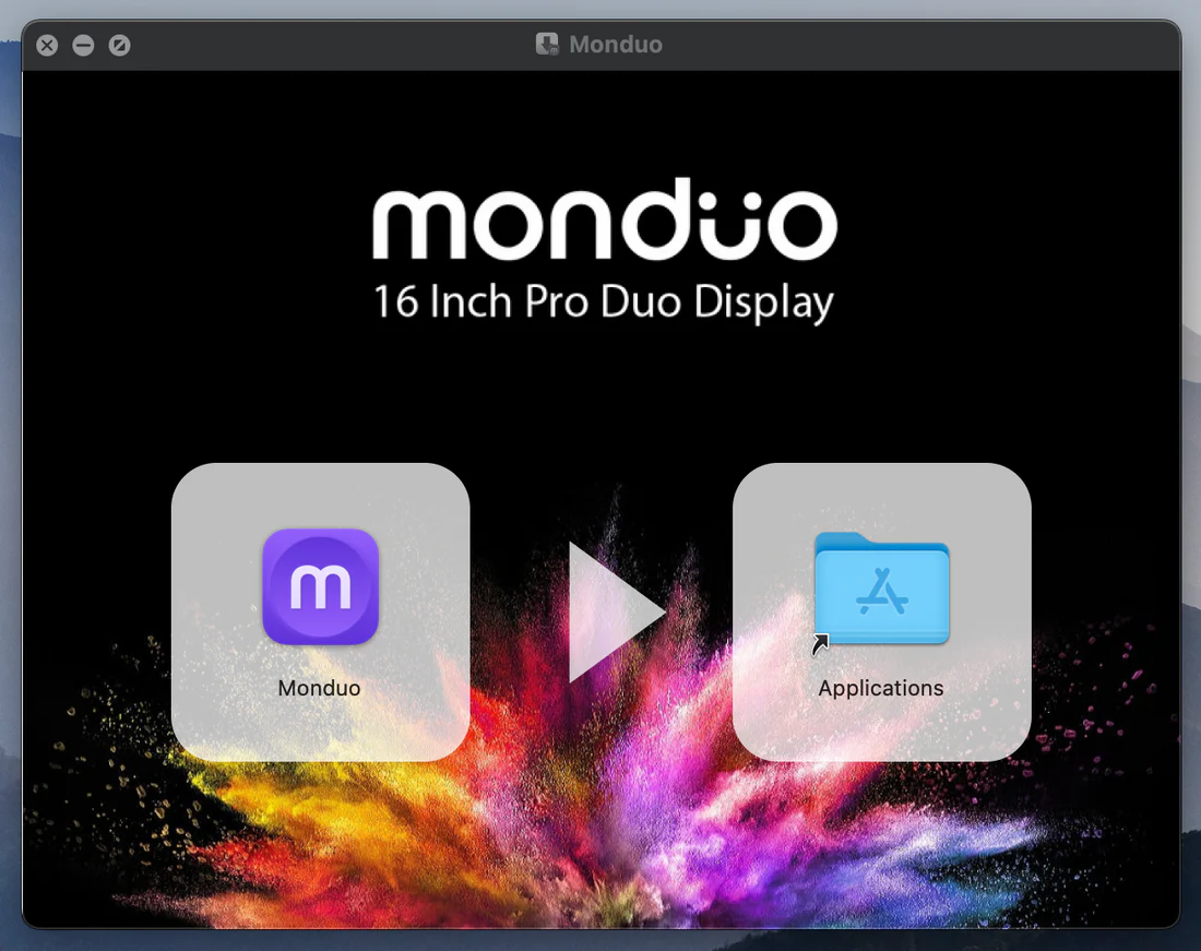 macOS installation window showing Monduo app and Applications folder.