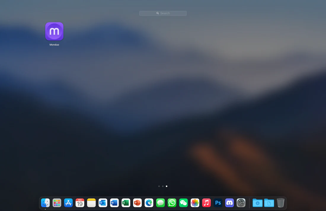 macOS launchpad with the Monduo app icon highlighted.