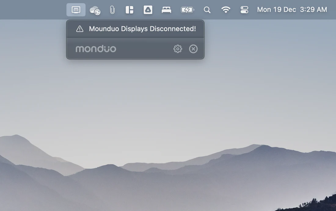Monduo app window showing a 'displays not connected' message.
