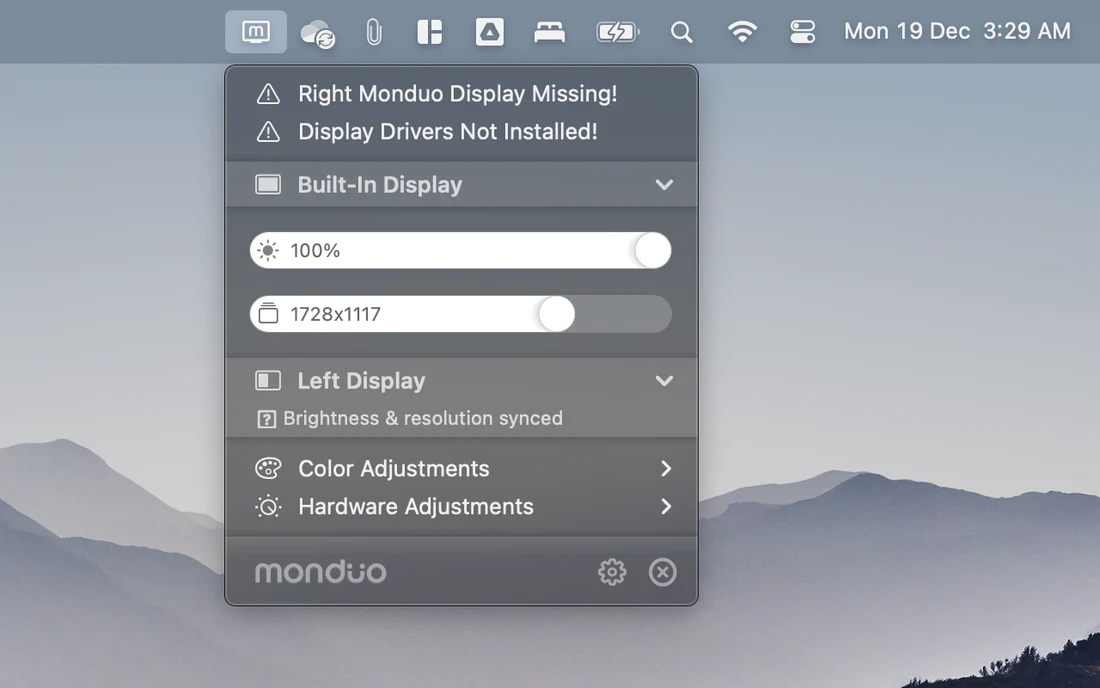 Monduo app showing a 'Display Drivers Not Installed!' warning.