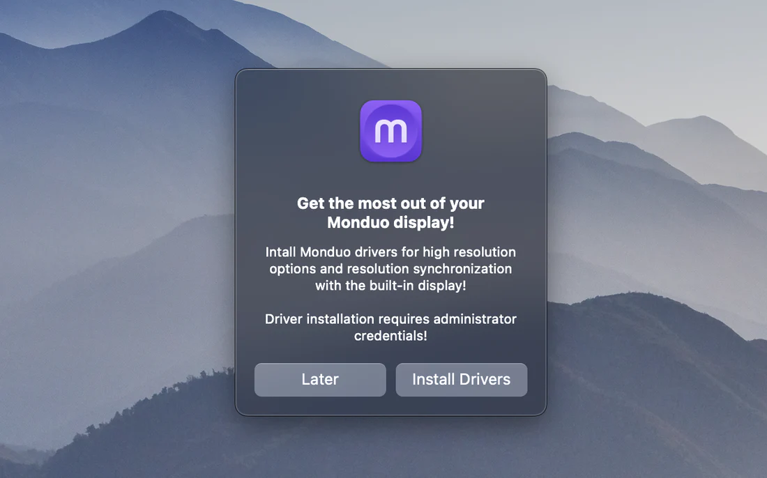 macOS prompt to install Monduo drivers.