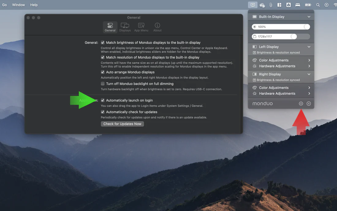Monduo app settings showing the 'Automatically launch on login' checkbox.