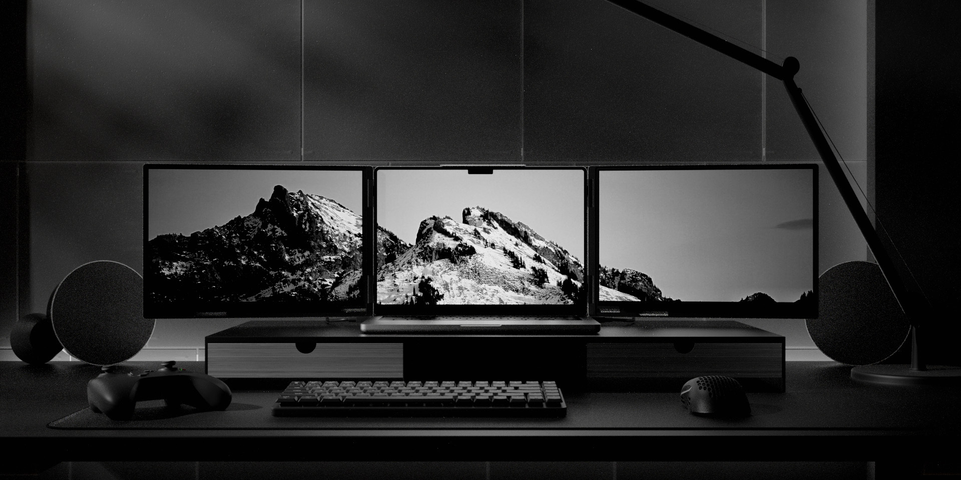A side-by-side view of two premium desk setups, each showcasing a laptop seamlessly expanded into a tri-screen display with the Monduo portable monitor accessory.