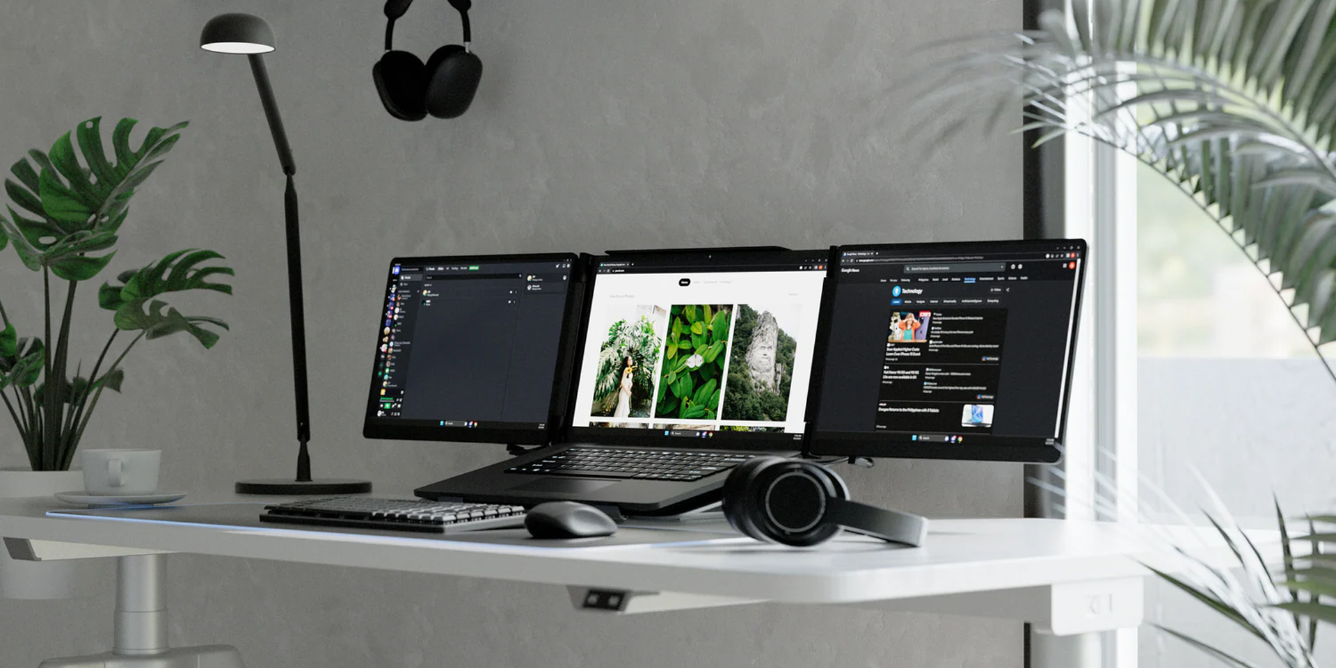 A side-by-side view of two premium desk setups, each showcasing a laptop seamlessly expanded into a tri-screen display with the Monduo portable monitor accessory.