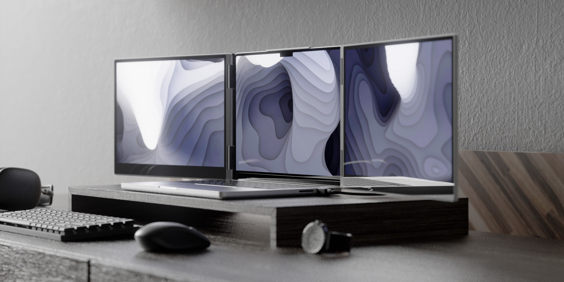 A side-by-side view of two premium desk setups, each showcasing a laptop seamlessly expanded into a tri-screen display with the Monduo portable monitor accessory.