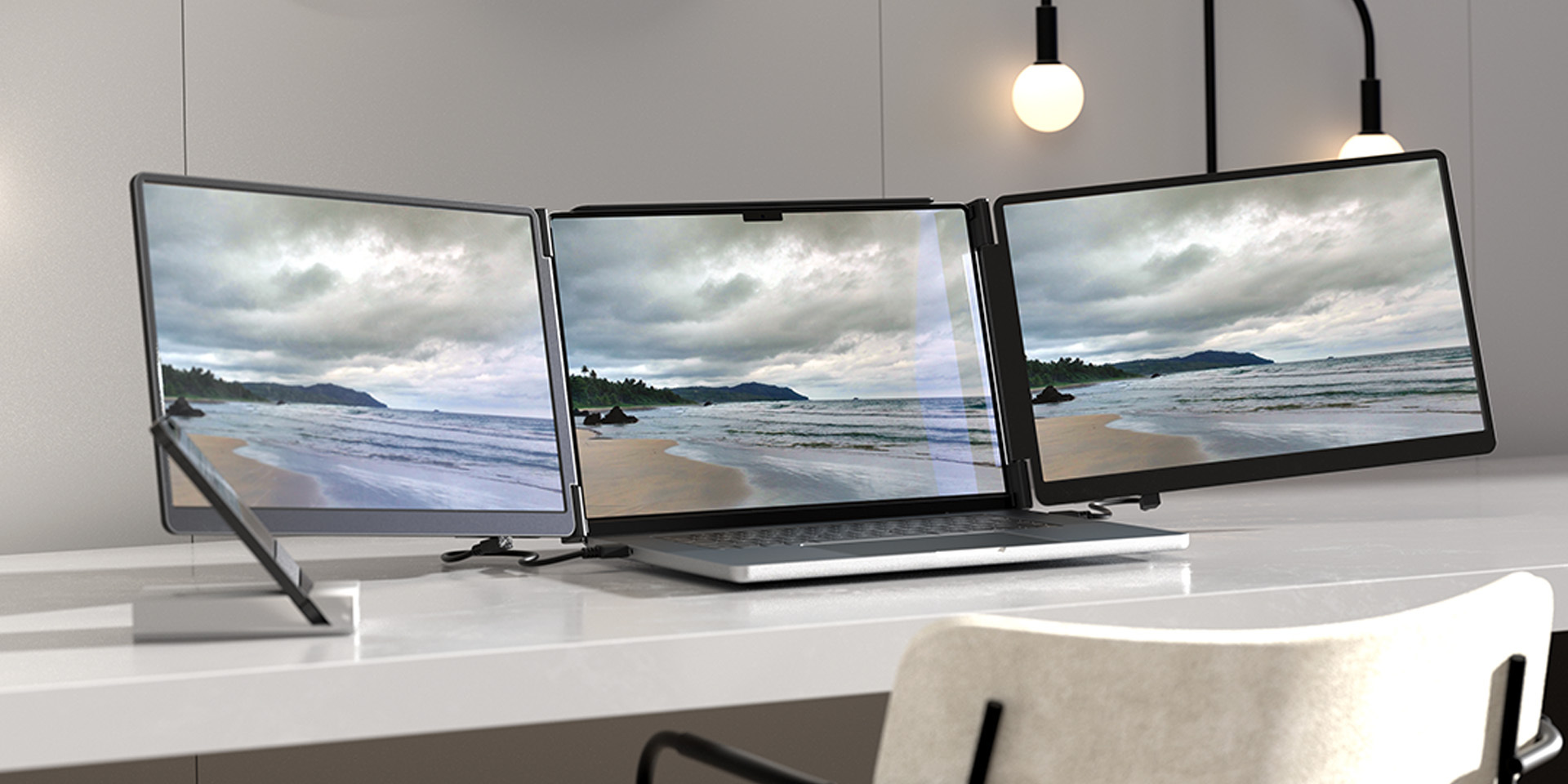 A side-by-side view of two premium desk setups, each showcasing a laptop seamlessly expanded into a tri-screen display with the Monduo portable monitor accessory.