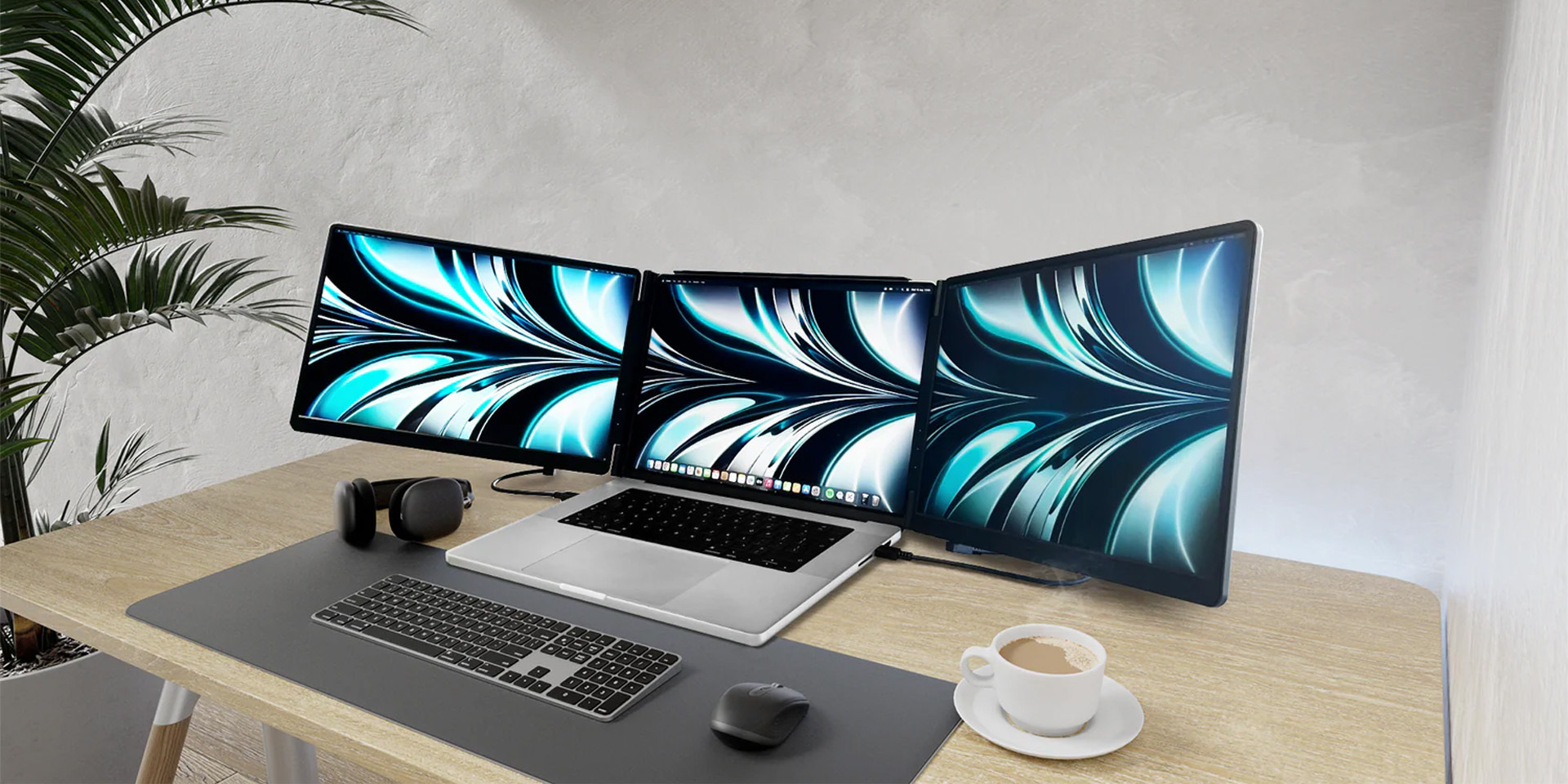 A side-by-side view of two premium desk setups, each showcasing a laptop seamlessly expanded into a tri-screen display with the Monduo portable monitor accessory.