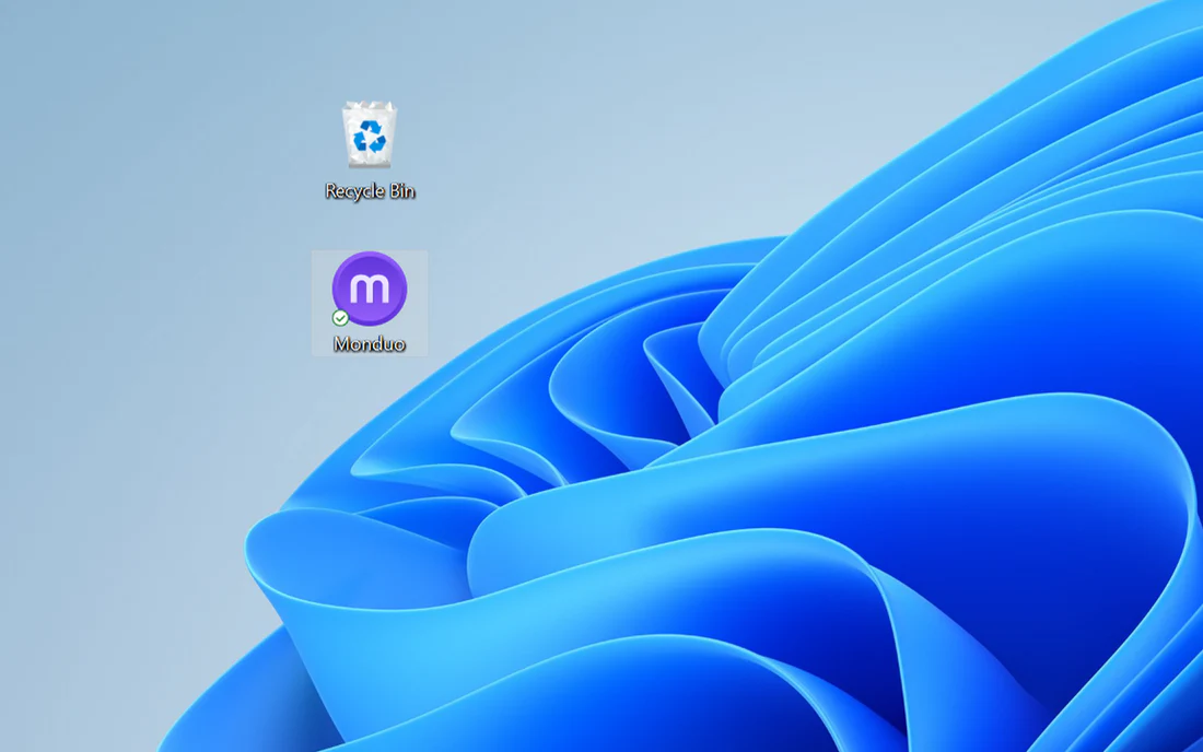 Windows desktop showing the new Monduo app shortcut.