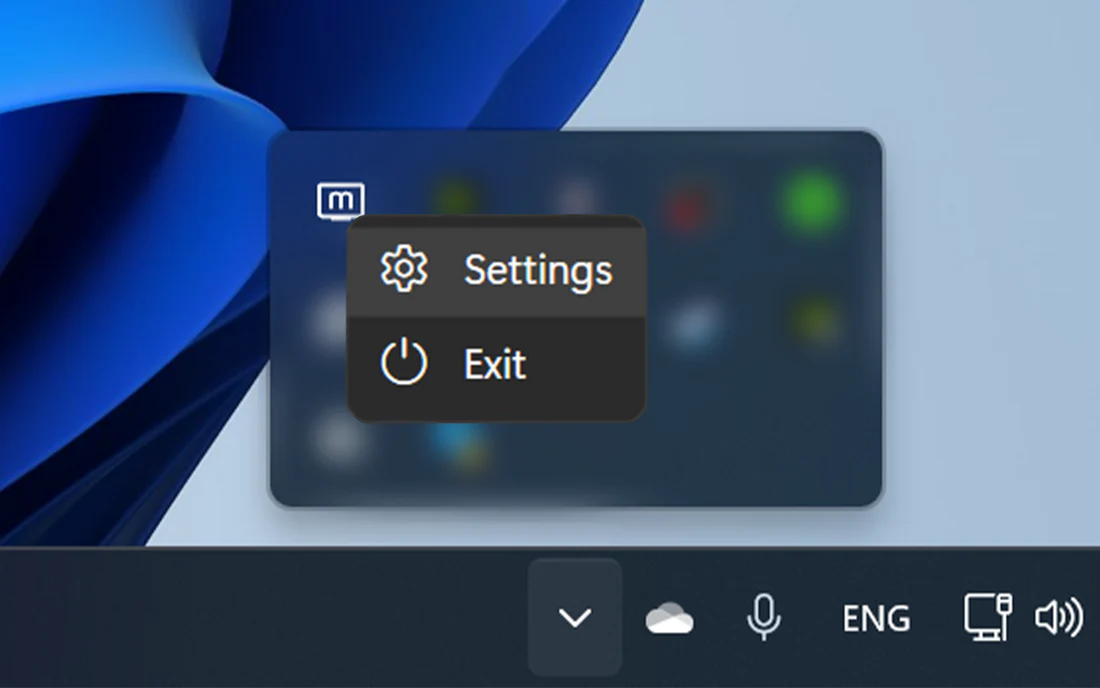 Context menu for the Monduo system tray icon with 'Settings' highlighted.