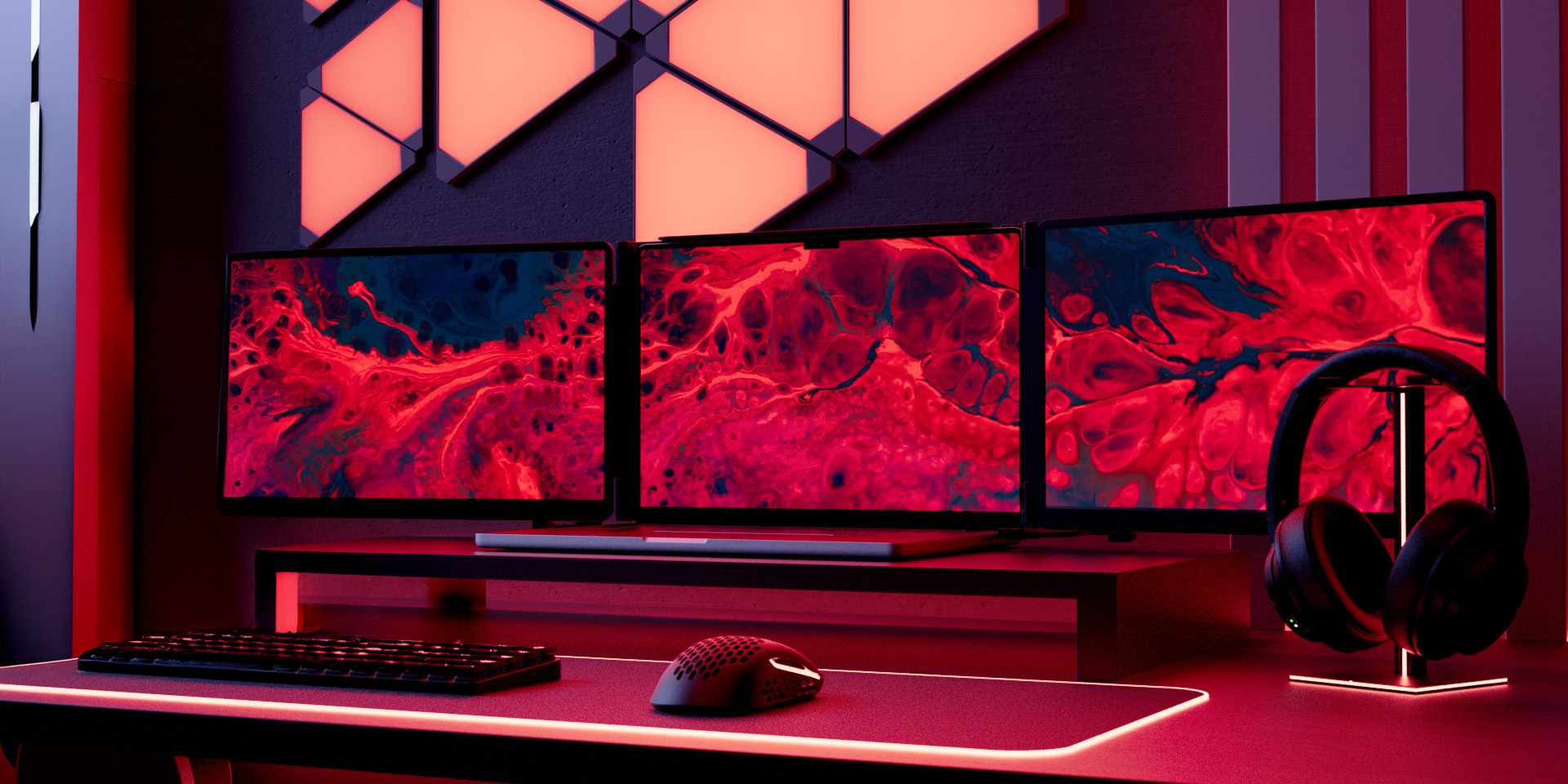 A side-by-side view of two premium desk setups, each showcasing a laptop seamlessly expanded into a tri-screen display with the Monduo portable monitor accessory.