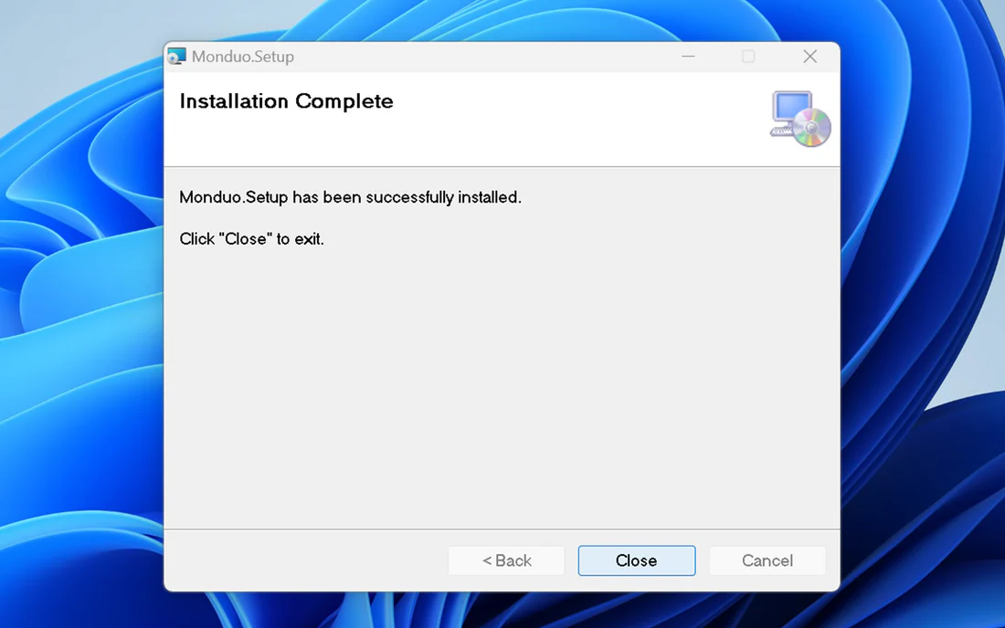 Monduo app installation complete screen.
