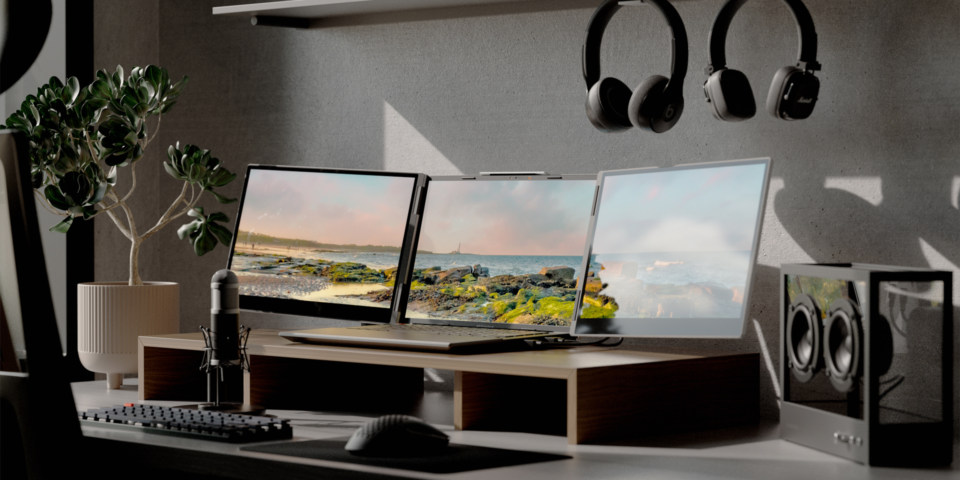 A side-by-side view of two premium desk setups, each showcasing a laptop seamlessly expanded into a tri-screen display with the Monduo portable monitor accessory.