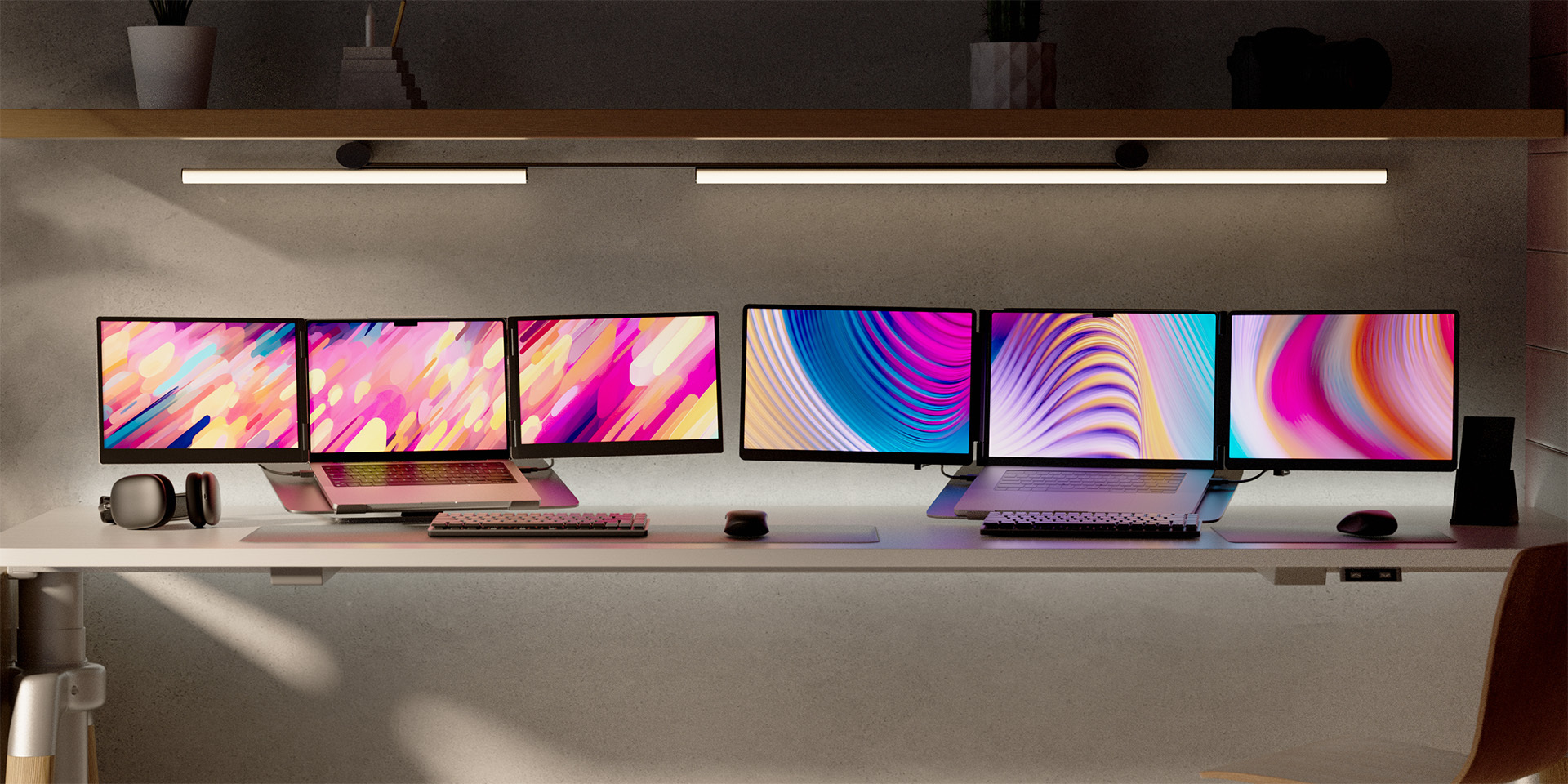 A side-by-side view of two premium desk setups, each showcasing a laptop seamlessly expanded into a tri-screen display with the Monduo portable monitor accessory.