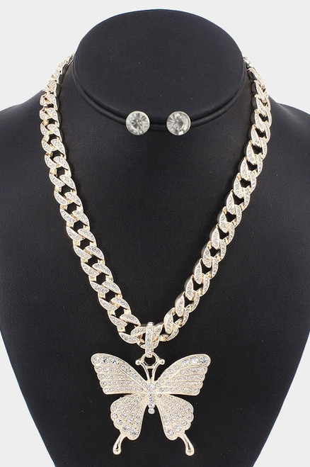 Rhinestone Embellished Butterfly Necklace Gold
