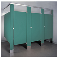 Solid phenolic restroom partitions.