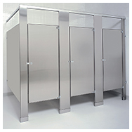 Stainless steel restroom partitions.