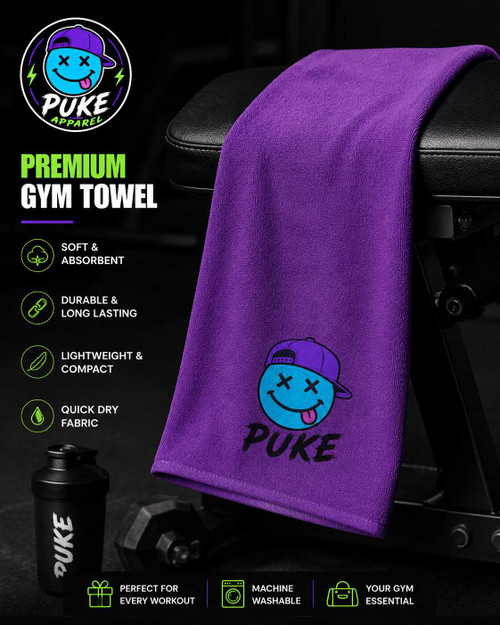 PUKE microfibre gym towel with embroidered PUKE branding