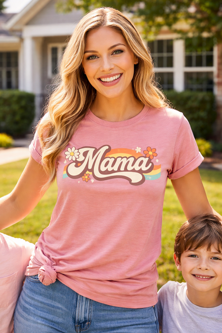 Peach Mama Mother’s Day T-Shirt with retro script graphic, rainbow stripe and floral details on the front
