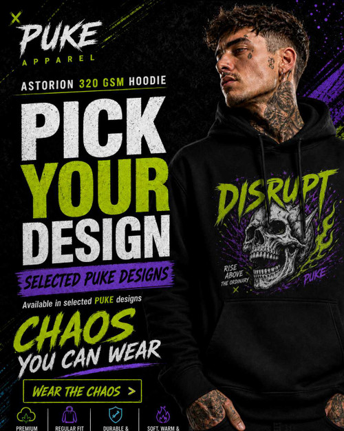 PUKE Apparel product image featuring bold chaotic car culture inspired graphic apparel