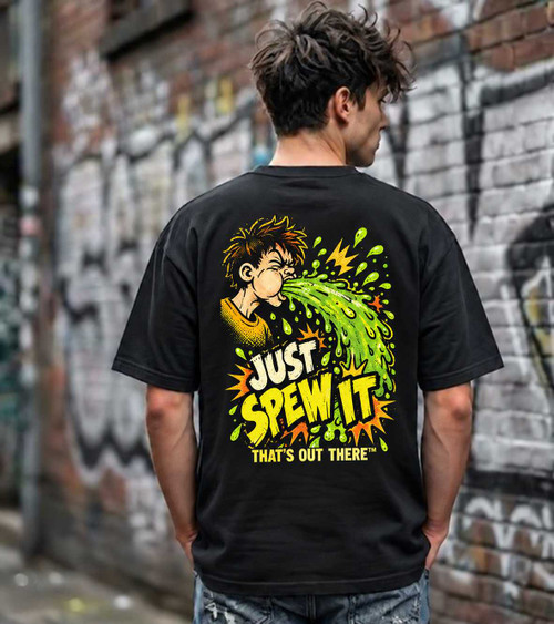 PUKE Just Spew It Comic Boy T-Shirt – Black Just Spew It Funny Shirts