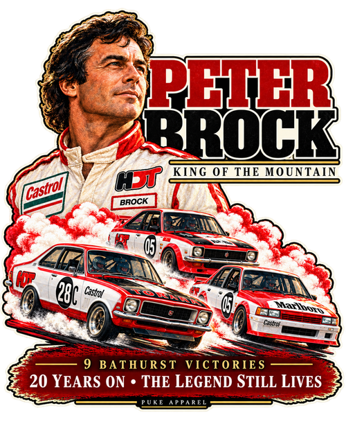 Peter Brock tribute T-shirt featuring the XU-1 Torana, A9X hatchback and VH Commodore