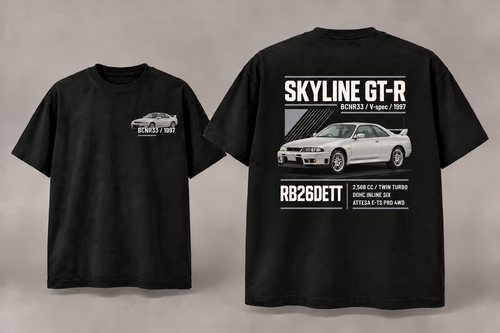 1997 Nissan Skyline GT-R V-spec BCNR33 JDM black T-shirt front and back digital mockup, reduced back print