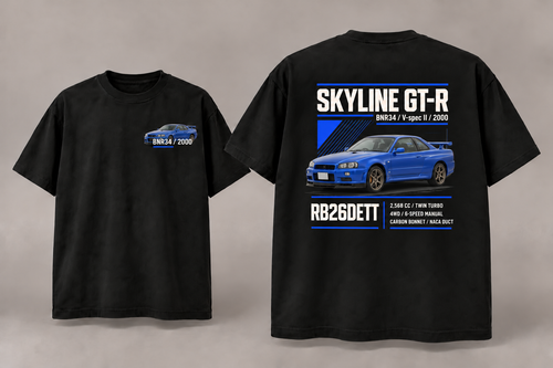 2000 Nissan Skyline GT-R V-spec II BNR34 JDM black T-shirt front and back digital mockup, reduced back print