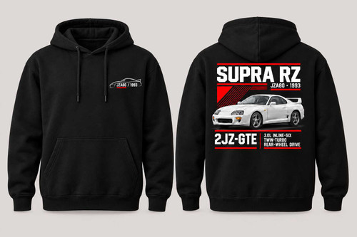 Digital front-and-back mockup of a black adult JDM hoodie featuring a white 1993 Toyota Supra RZ JZA80, compact grey chest outline and technical-panel back design
