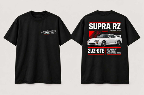 Digital front-and-back mockup of a black JDM T-shirt featuring the 1993 Toyota Supra RZ JZA80 in white, compact grey chest outline and technical-panel back design