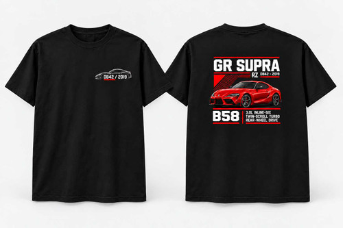 Digital front-and-back mockup of a black JDM T-shirt featuring the 2019 Toyota GR Supra RZ DB42 in Prominence Red, compact grey chest outline and technical-panel back design