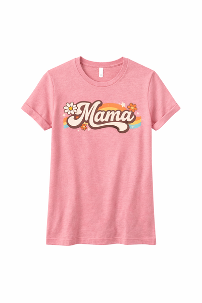 Peach Mama Mother’s Day T-Shirt with retro script graphic, rainbow stripe and floral details on the front