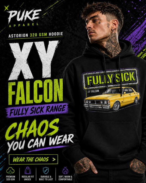 PUKE Apparel product image featuring bold chaotic car culture inspired graphic apparel