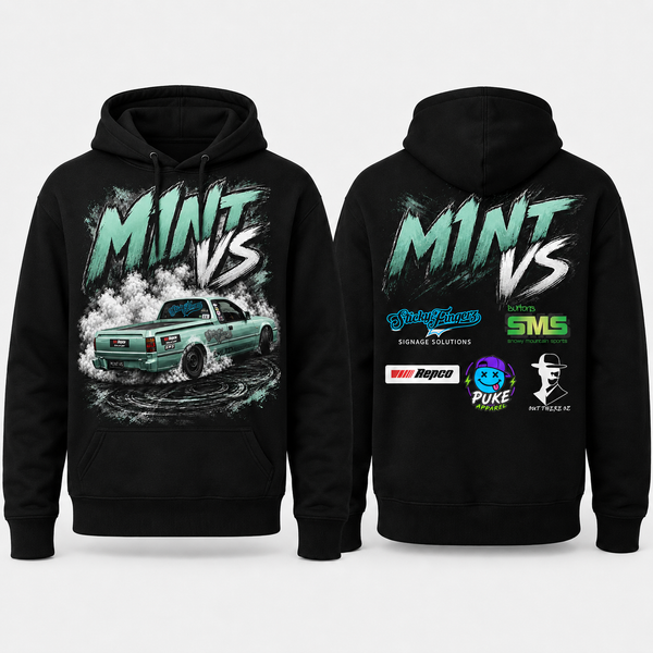 M1NT VS Burnout Ute Hoodie front and back graphic hoodie mockup by PUKE Apparel