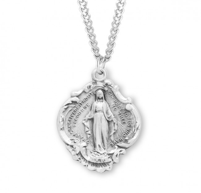 Miraculous Medal Virgin Mary Sterling Silver Pendant Necklace