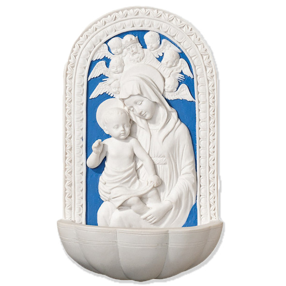 This exquisite replica of a Della Robbia of the Blessed Mother and the Divine Child, surmounted by cherubs, is a font that can be handed down as a family heirloom. This beautiful holy water font makes a great house warming gift, a gift to your parish or your priest or even a wonderful addition to your own home.