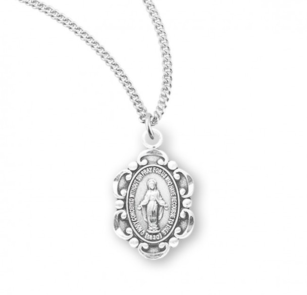 Sterling Silver Oval Fancy Edge Miraculous Medal on 13 inch chain