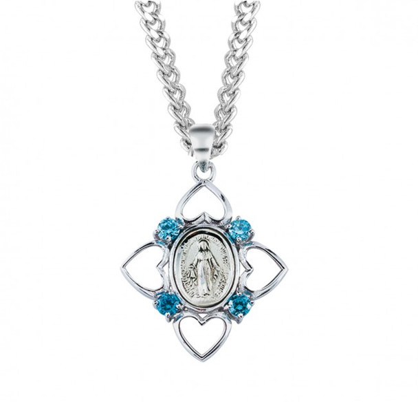 Sterling Silver Aqua Cubic Zirconia Miraculous Medal