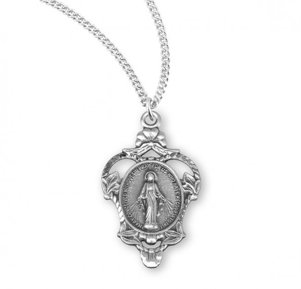 Sterling Silver Floral Style Miraculous Medal front