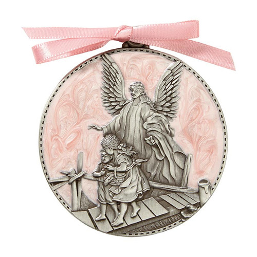 Pewter Guardian Angel Crib Medal Pink