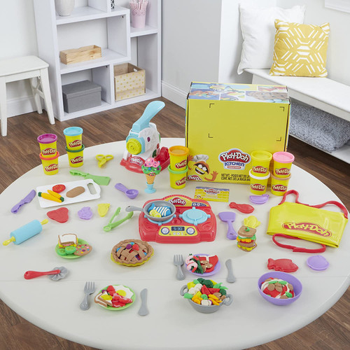  YiQis Kitchen Creatiocns Super Chef Suite Playset Dough Sets  for Kids Ages 4-8 Preschool Cooking Play Food Toy 40 Accessories & Tools,5  Cans 2 oz Compound Dough Colors Sets for Kids
