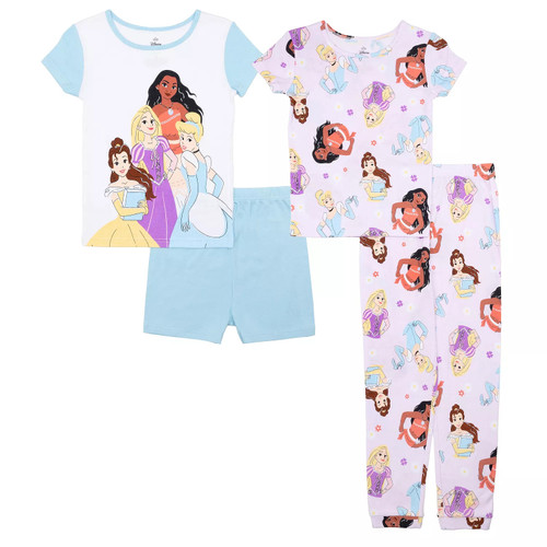 Girls’ Princess 4pc Pajama Set – Moana, Cinderella, Rapunzel & Belle – 2 Tops, Shorts & Pants