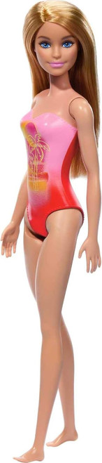 Beach Barbie Doll with Blond Hair Wearing Pink Palm Tree-Print Swimsuit