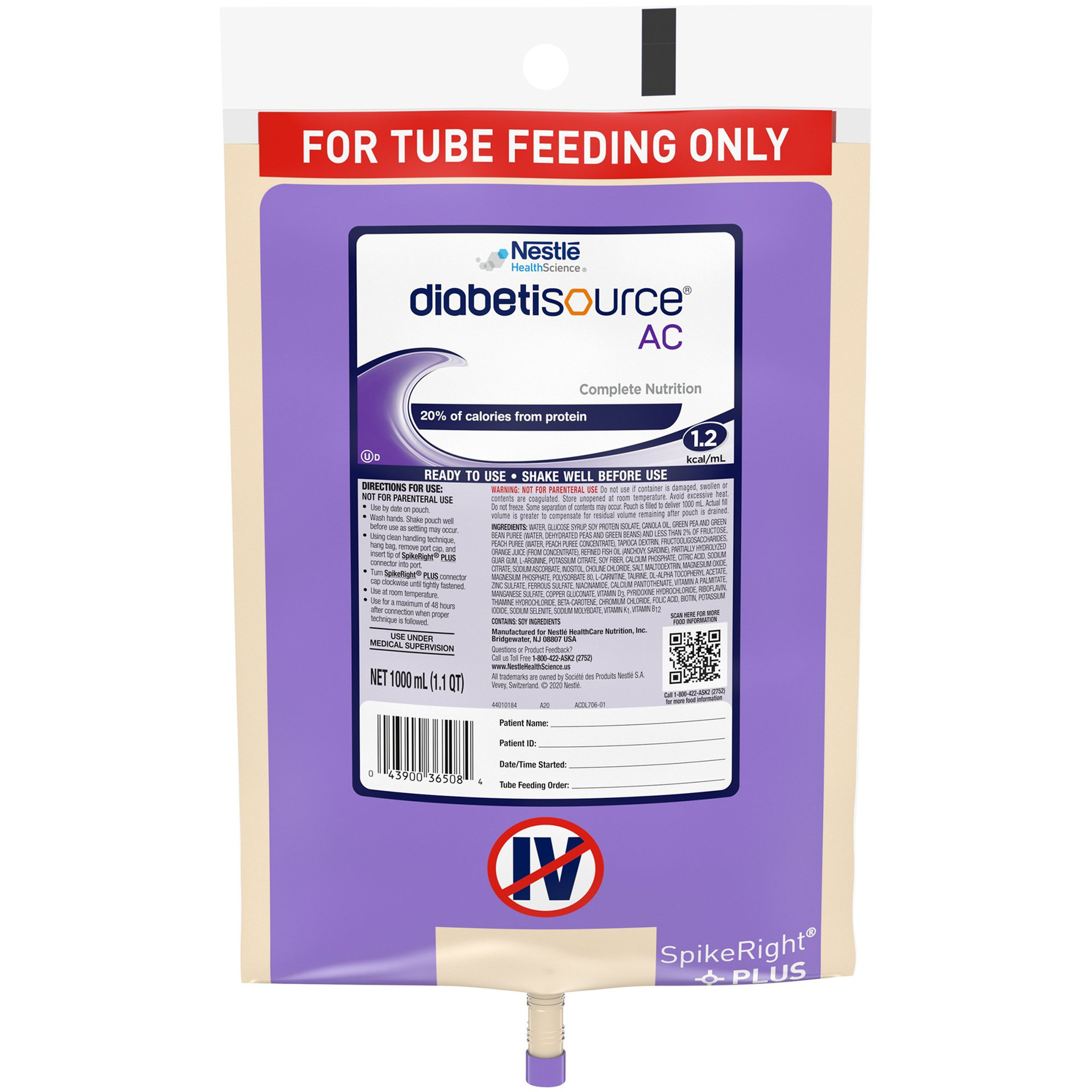 Diabetisource AC Tube Feeding Formula, 1000mL Bag