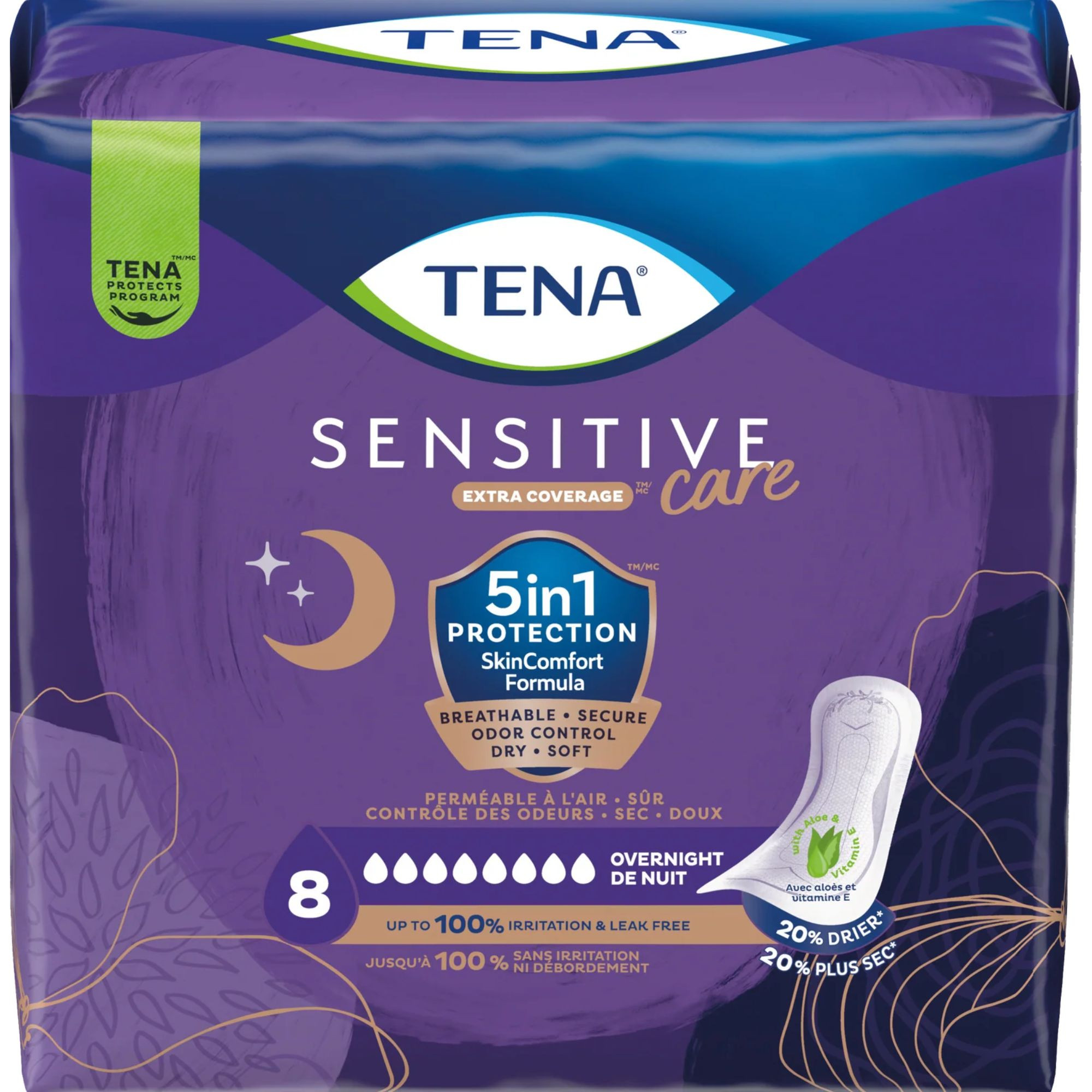 TENA Sensitive Care Extra Coverage Incontinence Pads, Overnight Absorbency