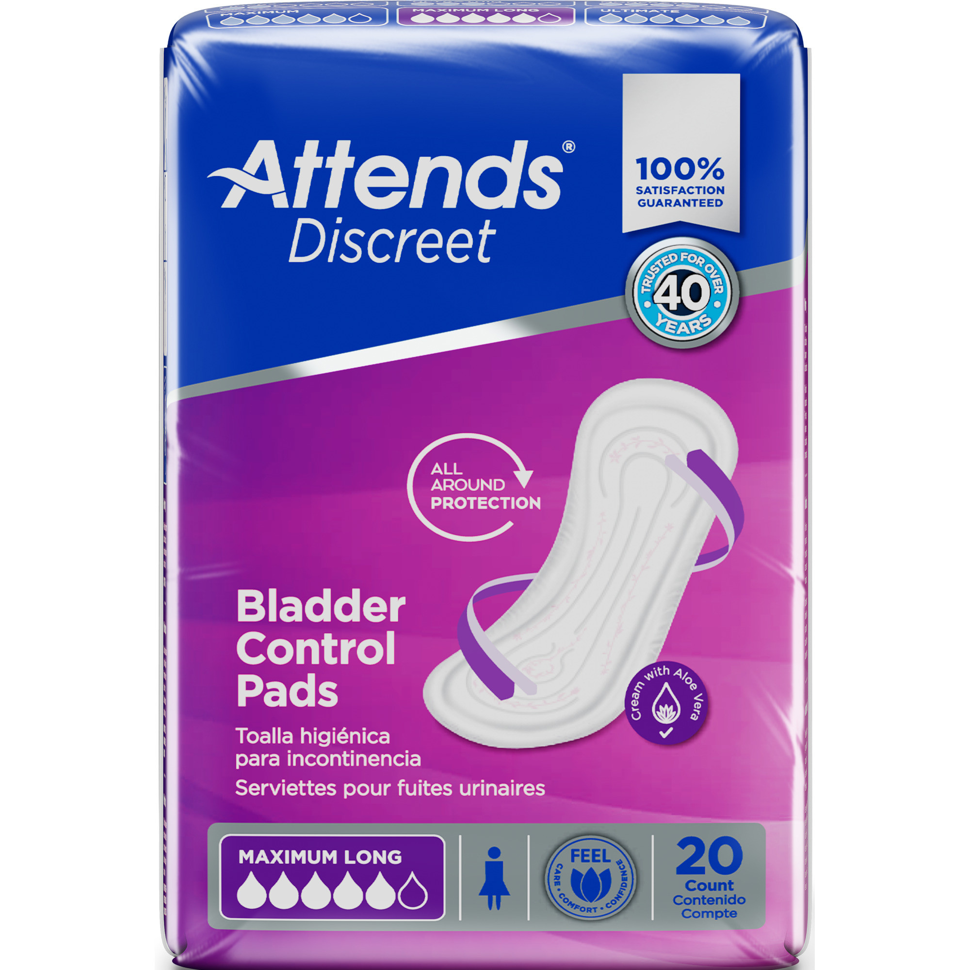 Attends Discreet Women's Incontinence Bladder Control Pads, Maximum Absorbency