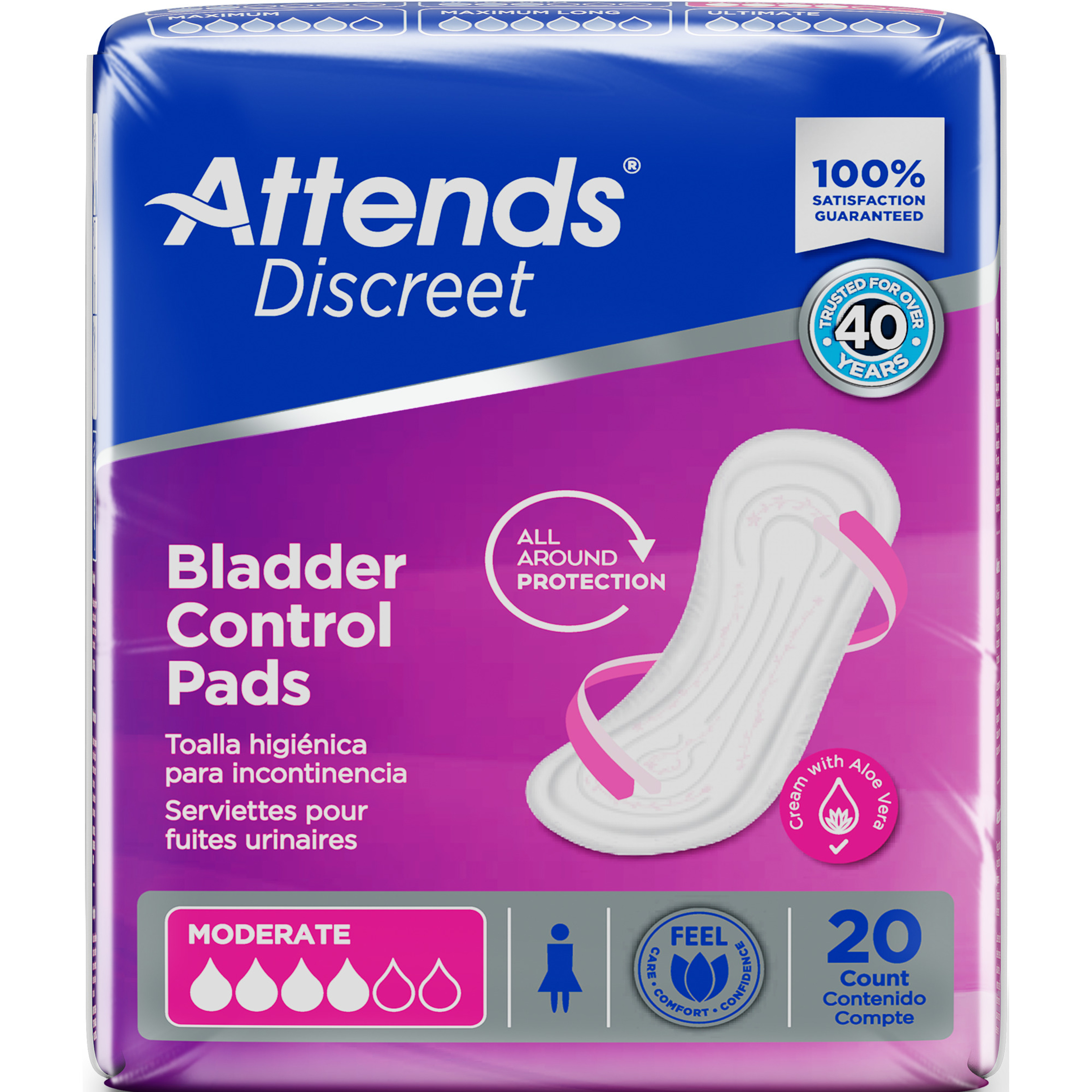 Attends Discreet Women's Incontinence Bladder Control Pads, Moderate Absorbency